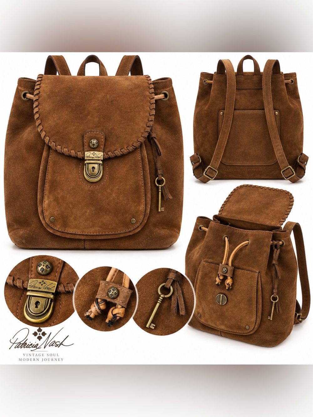 Patricia Nash Casape Burnished Cognac Suede Leather Backpack